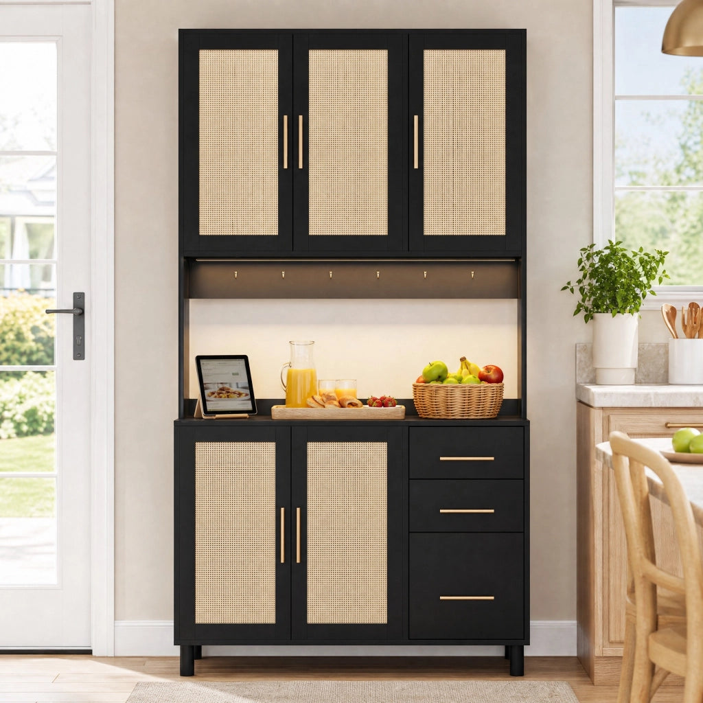 Credenza con LED regolabile, 3 cassetti e ripiani regolabili, MDF nero, per cucina e sala da pranzo, 100 × 40 × 183 cm