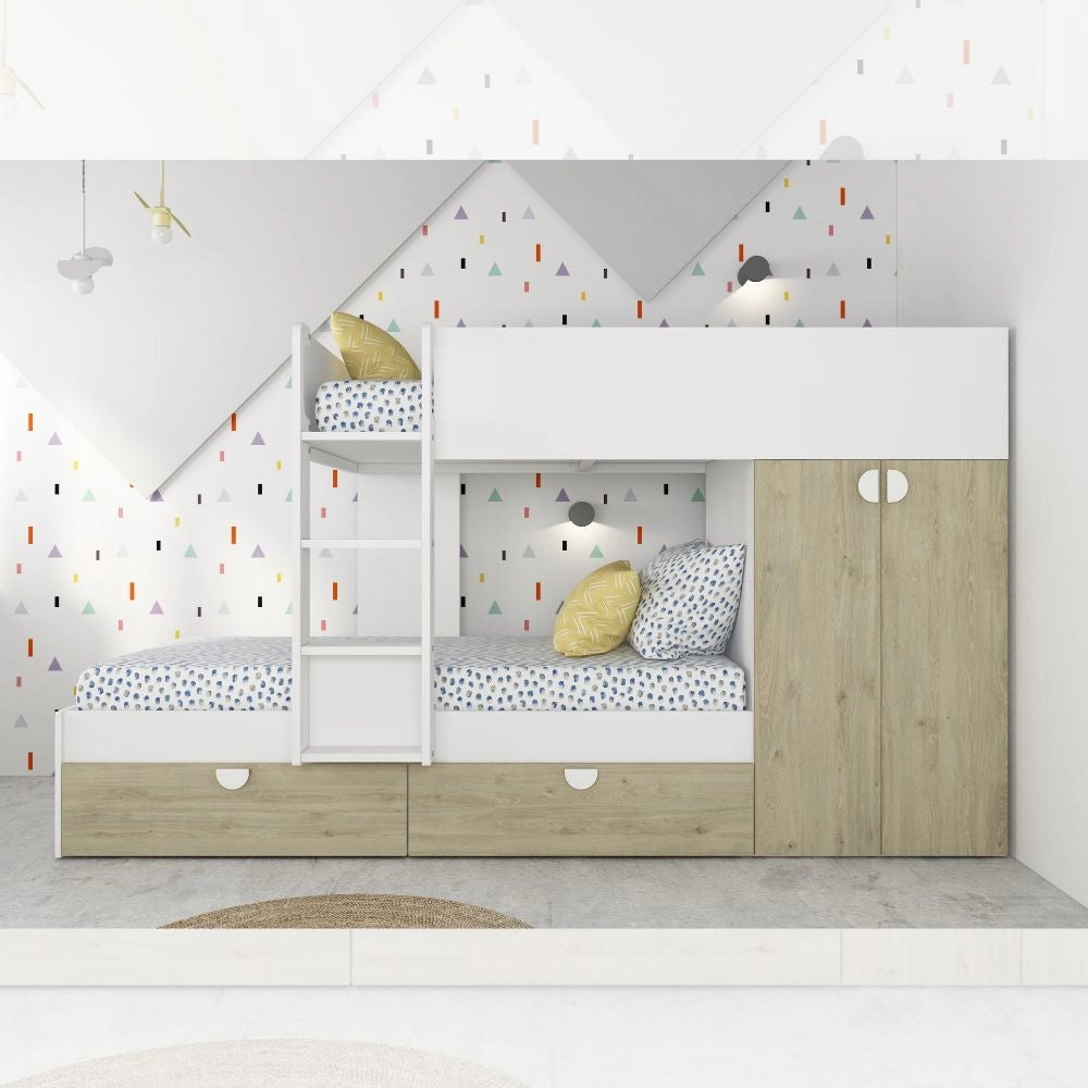 Cameretta con letto a castello con cassettoni e armadio reversibile colore rovere e bianco