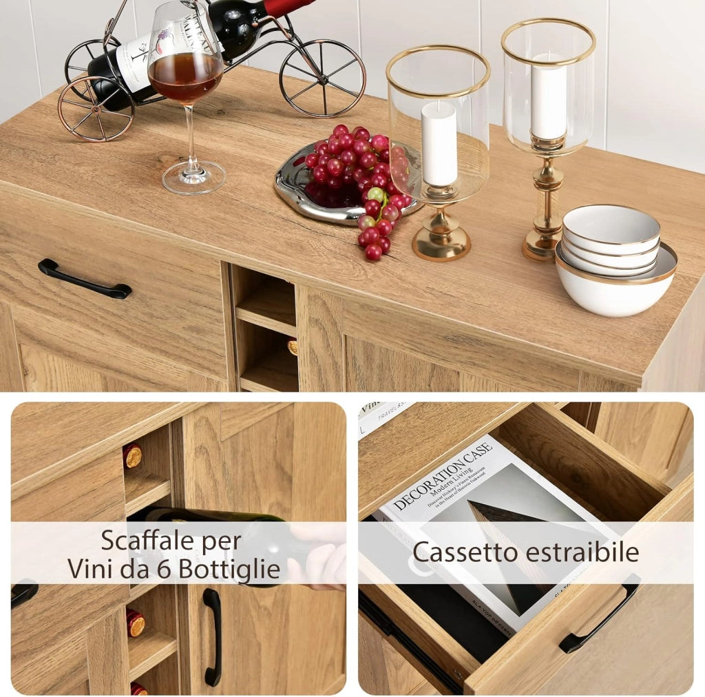 Credenza Buffet Mid Century, Cantinetta Porta bottiglie da 6 Vini, con Cassetto Estraibile e Ripiani Regolabili, Mobile Bar da Cucina e Soggiorno, 90 x 40 x 79 cm, Naturale