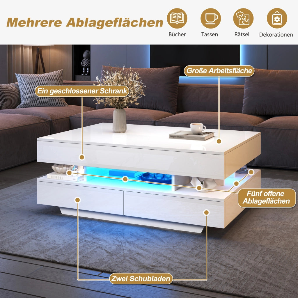 Tavolino da Salotto Sollevabile con LED e Vano Contenitore ¨C MINIMAL ¨C Lucido 100x50x45cm