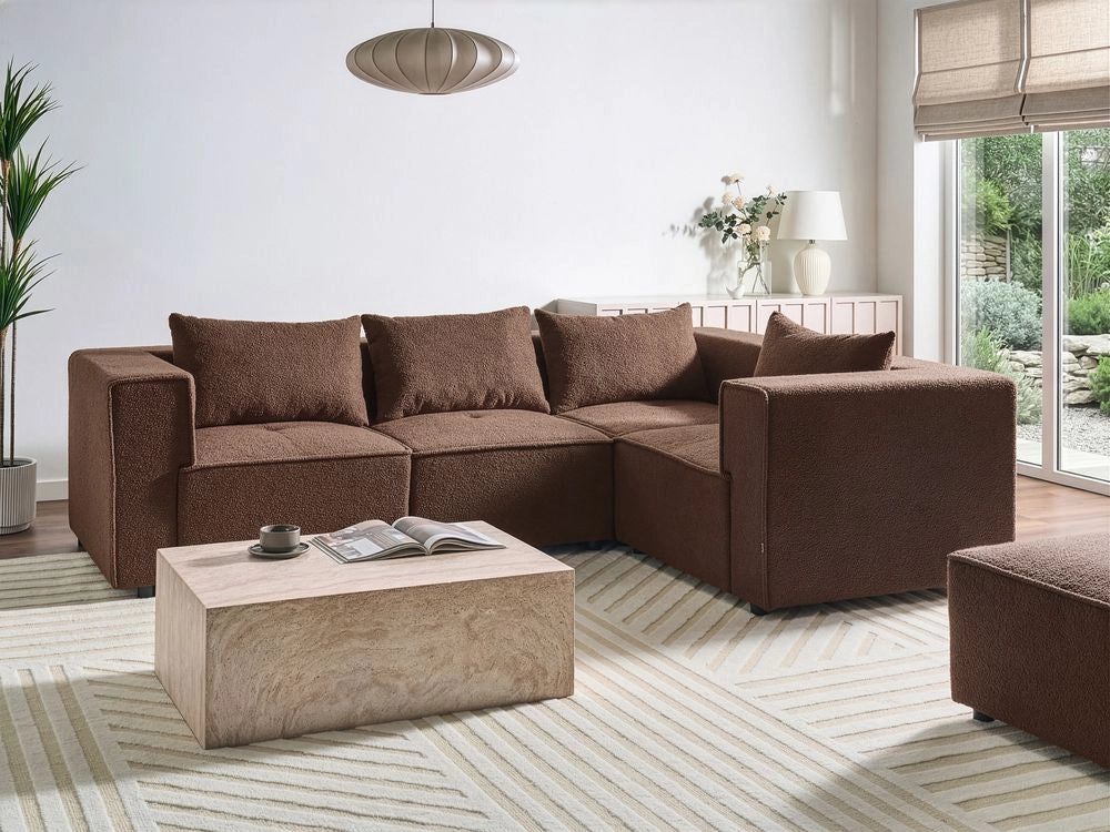 Divano a 4 posti in tessuto bouclè modulare marrone lato sinistro stile minimale moderno