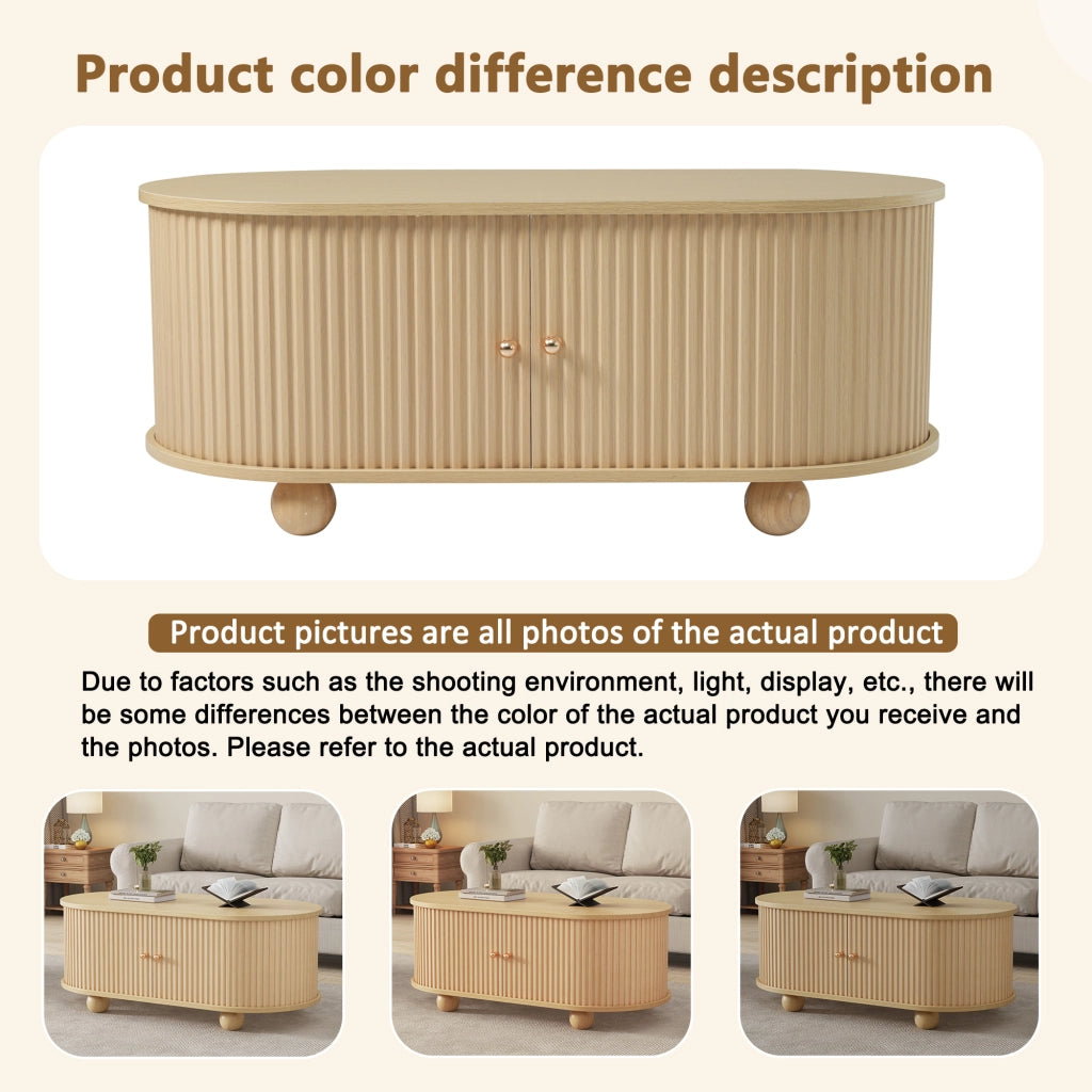 Tavolino da Salotto Ovale con 2 Ante Scorrevoli e Contenitore; Stile Industriale; in MDF; 100×50×40 cm; Legno