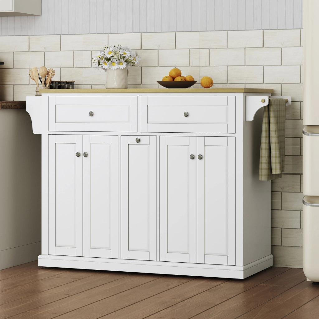 Isola da cucina con piano ribaltabile, carrello cucina in MDF, 2 cassetti grandi, ruote frenanti, 121x49(69)x89 cm