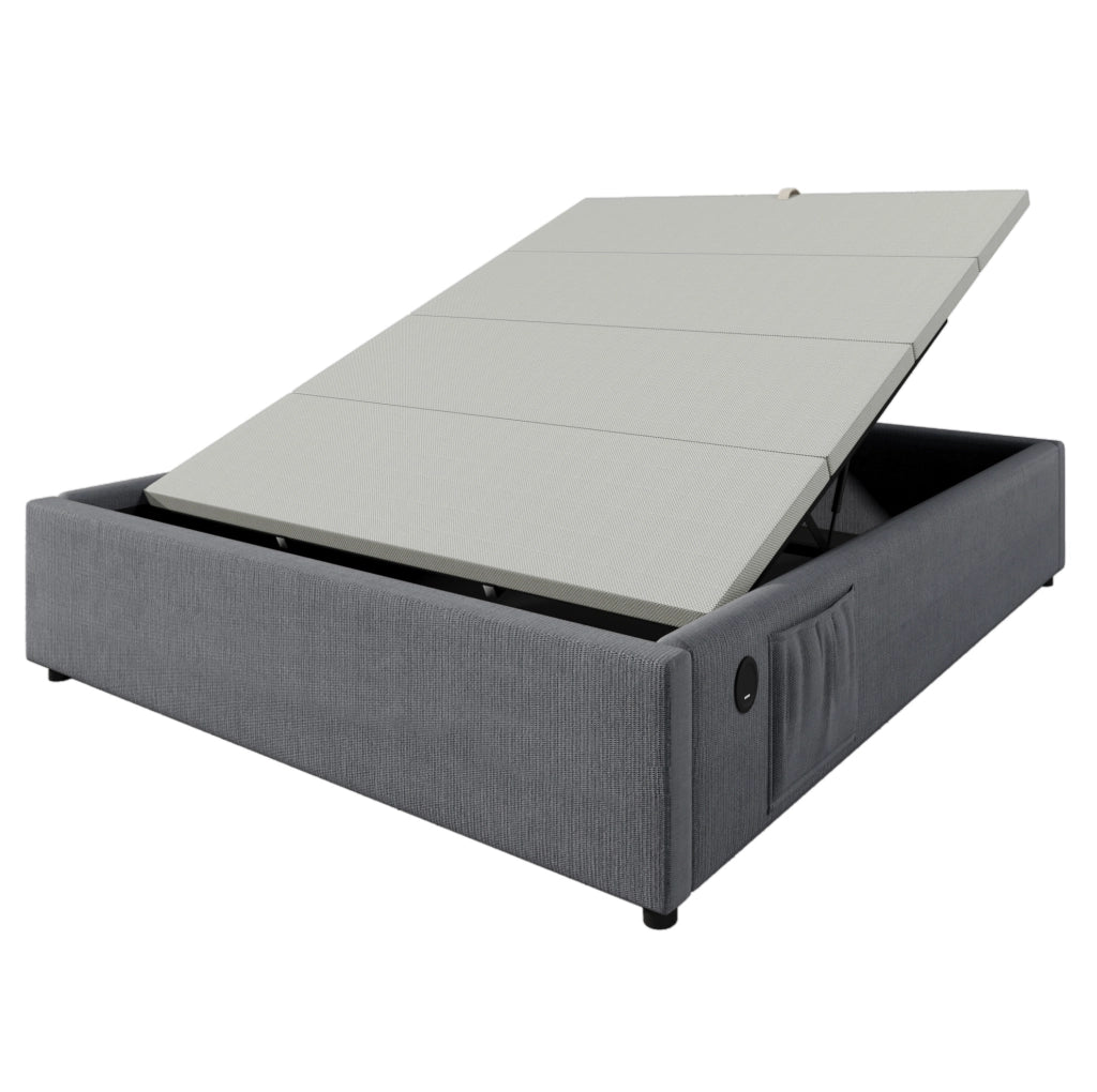 Letto contenitore 160x200 cm con USB e Type-C; senza testiera; in cotone lino; grigio