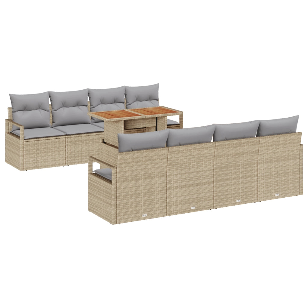 Set divano da giardino a 9 pezzi con cuscini in rattan policarbonato beige