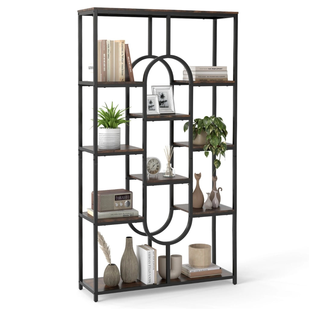 Libreria a 5 ripiani scaffale industriale etagere con ripiani aperti-Libreria scaffale alto autoportante a forma ovale Nero