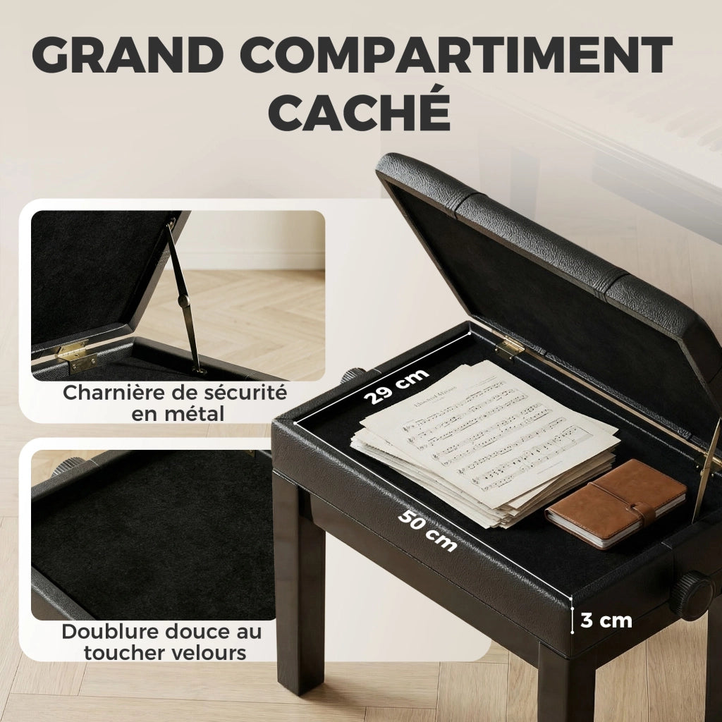 Sgabello da piano con contenitore integrato ¨C zephmum ¨C regolabile in altezza, legno di hevea, rivestimento sintetico nero