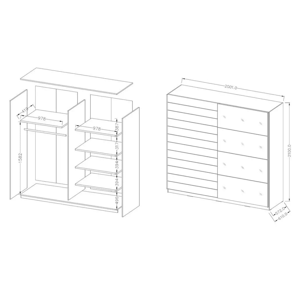 Camera da letto FLOYD: Armadio 200cm, Letto 140x200, cassettiera, comodini. Colore rovere scuro e nero lucido.