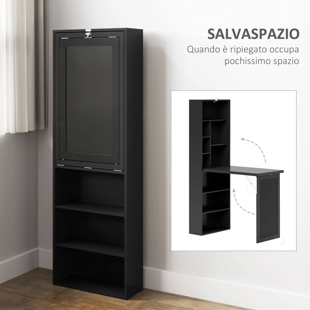 Mobile Libreria con Scrivania Salvaspazio Pieghevole 98x51x153 cm in Legno e MDF Nero