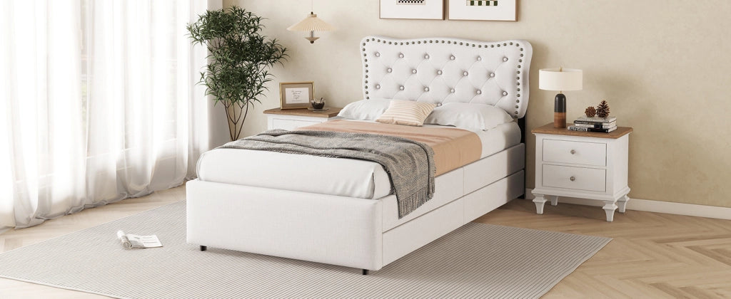 Letto imbottito 90x200 cm beige chiaro con cassetti doppi e decorazioni con borchie