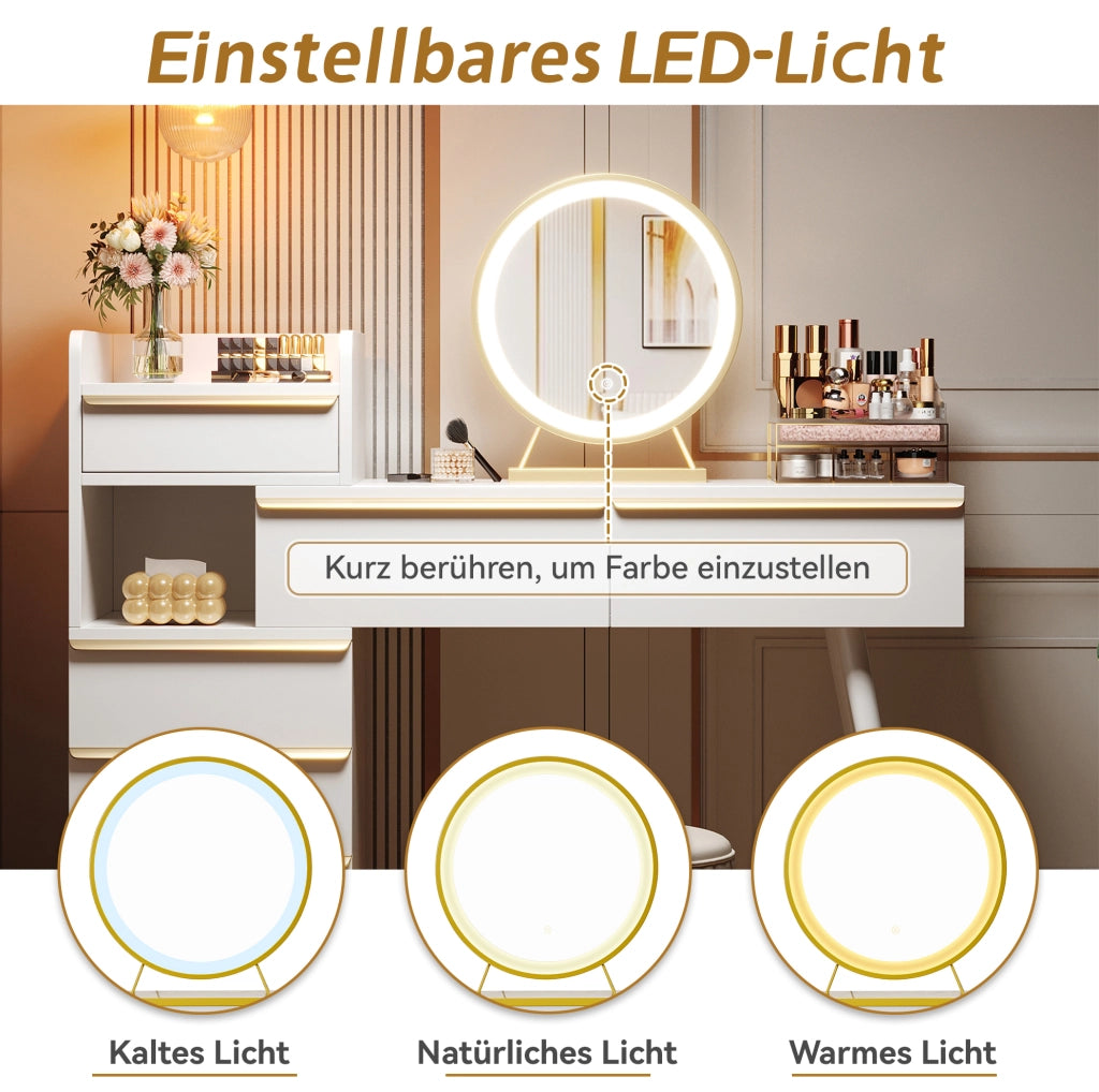 Tavolo da trucco con piano estraibile, 6 cassetti e specchio illuminato