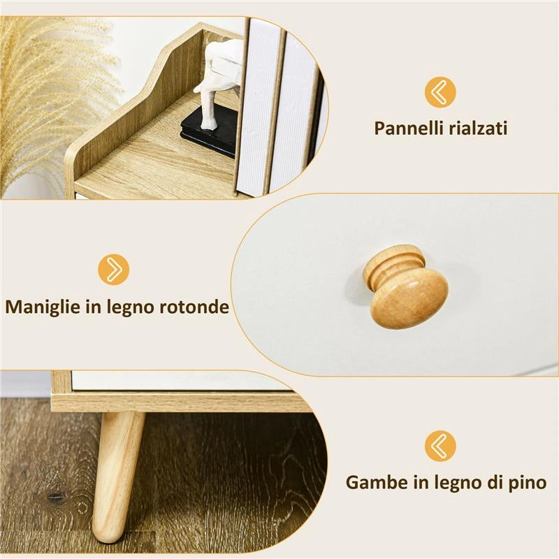 CREDENZA MODERNA IN TRUCIOLATO E LEGNO DI PINO CON 3 CASSETTI E 2 ARMADIETTI A 2 LIVELLI, 90X32X80A CM
