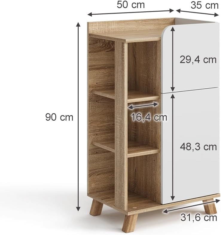 Mobiletto bagno Karen, Sonoma/Bianco, 50 x 90 cm con anta e cassetto, adatto per la conservazione di articoli da bagno e asciugamani