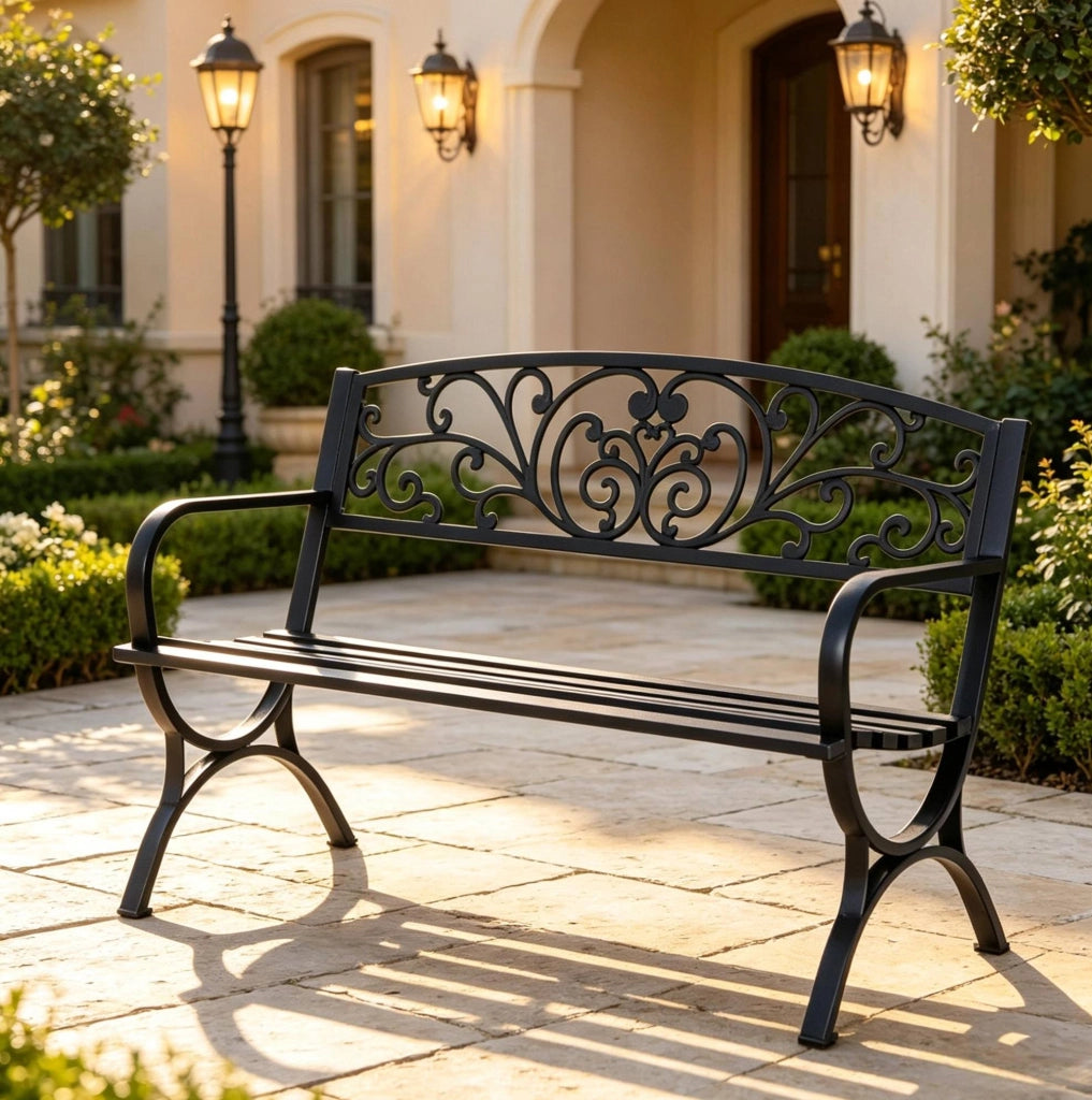 Panchina da giardino per 2 persone 127x60x85 cm in acciaio e ghisa; nera