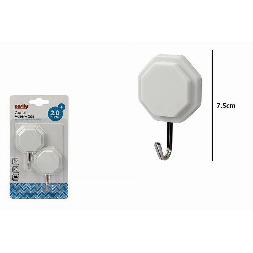 Trade Shop - Set 2 Pz Ganci Adesivi Attaccapanni Da Parete Forma Ottagonale Casa 7.5 Cm 79335 -