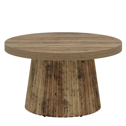 Tavolino basso rotondo con base a colonna scanalata in MDF marrone, piano da 80 cm, per soggiorno