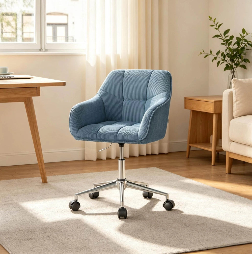 Sedia da ufficio girevole blu in velluto a coste, altezza regolabile e base in metallo