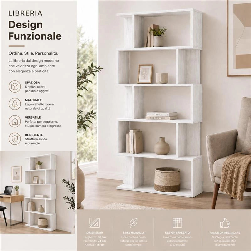 LIBRERIA CUBICA IN LEGNO BIANCO MODERNA CON CINQUE RIPIANI SFALSATI DIMENSIONI 70X24X159 CM