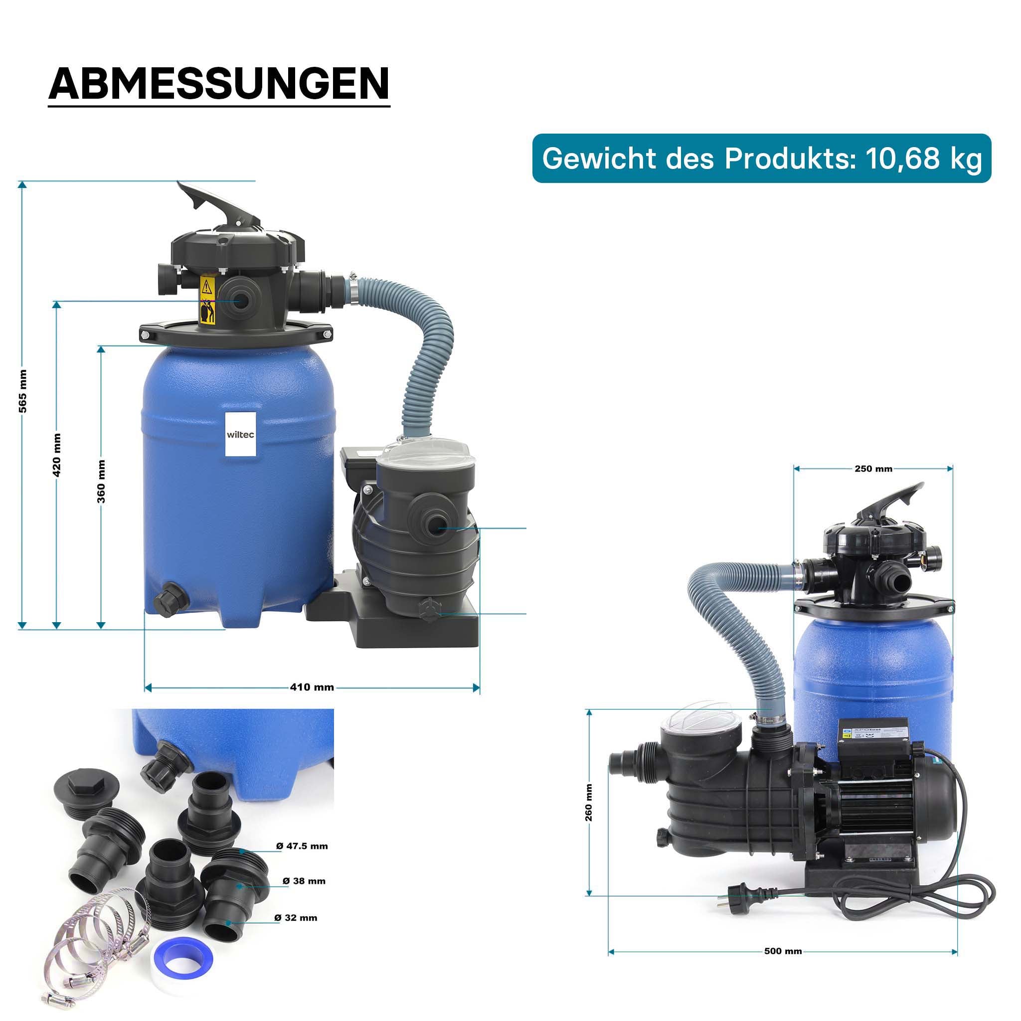 Filtro a sabbia per piscina, 250 W, serbatoio filtrante 14 l, pompa piscina autoadescante 10.000 l/h