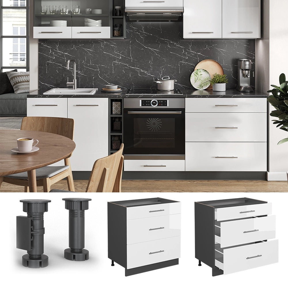 Mobiletto base per cucina Fame-Line Bianco lucido/Antracite 80 cm con 3 cassetti, senza piano di lavoro Vicco