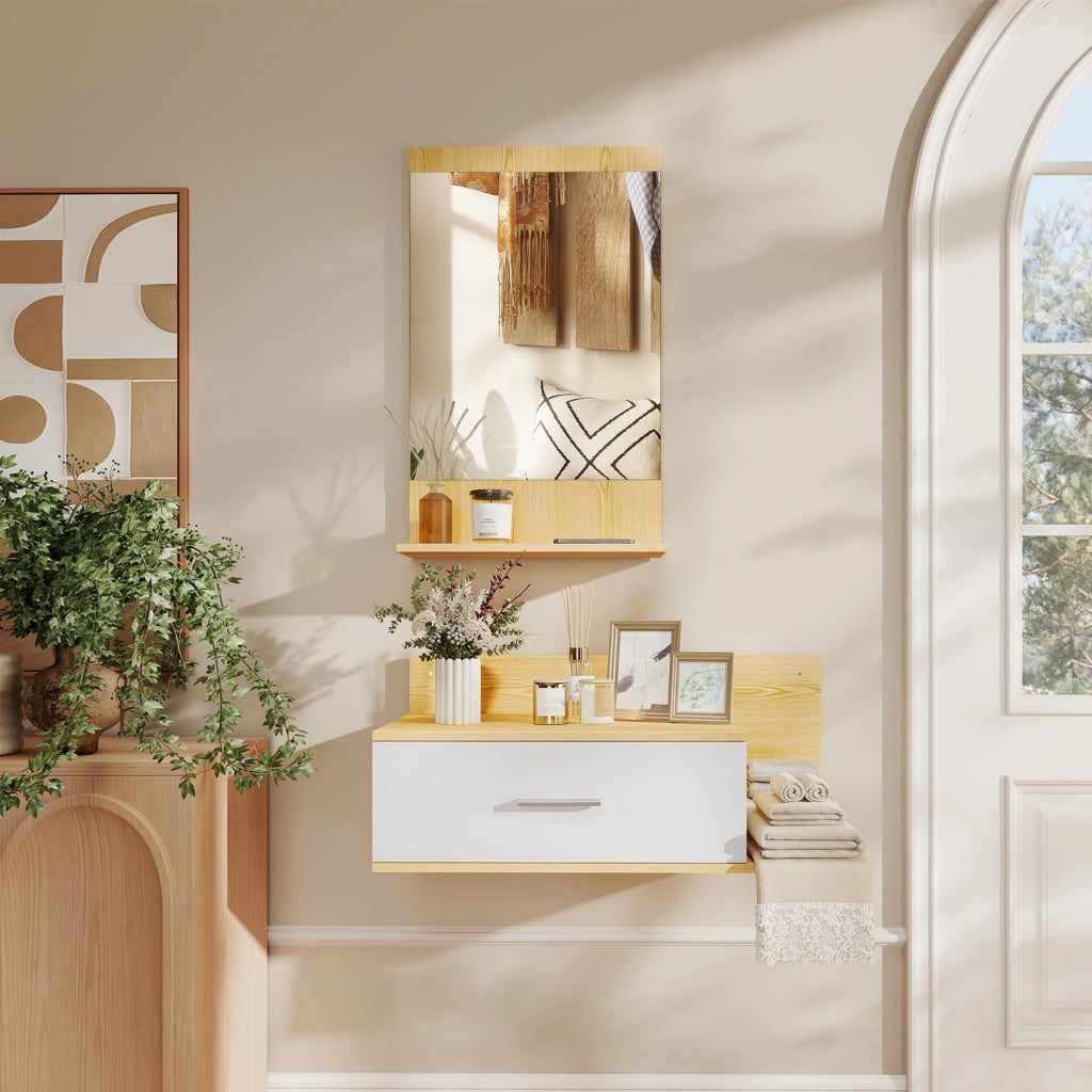 Set da Ingresso con Specchio con Mensola e Mobiletto a Parete con Cassetto e 2 Ripiani Aperti, in Legno e Vetro