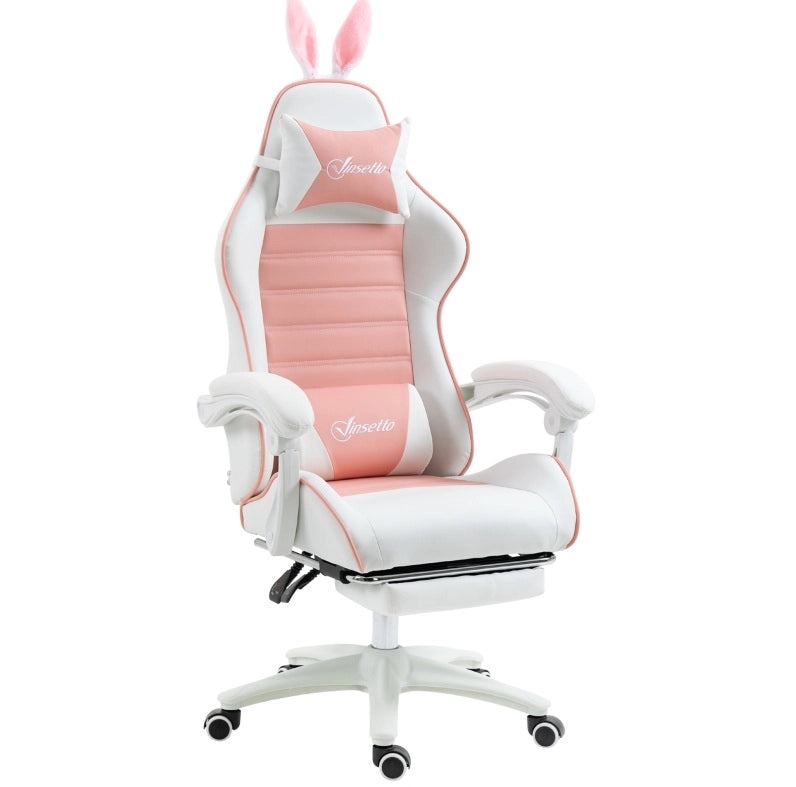 Sedia gaming rosa con orecchie da coniglio e poggiapiedi