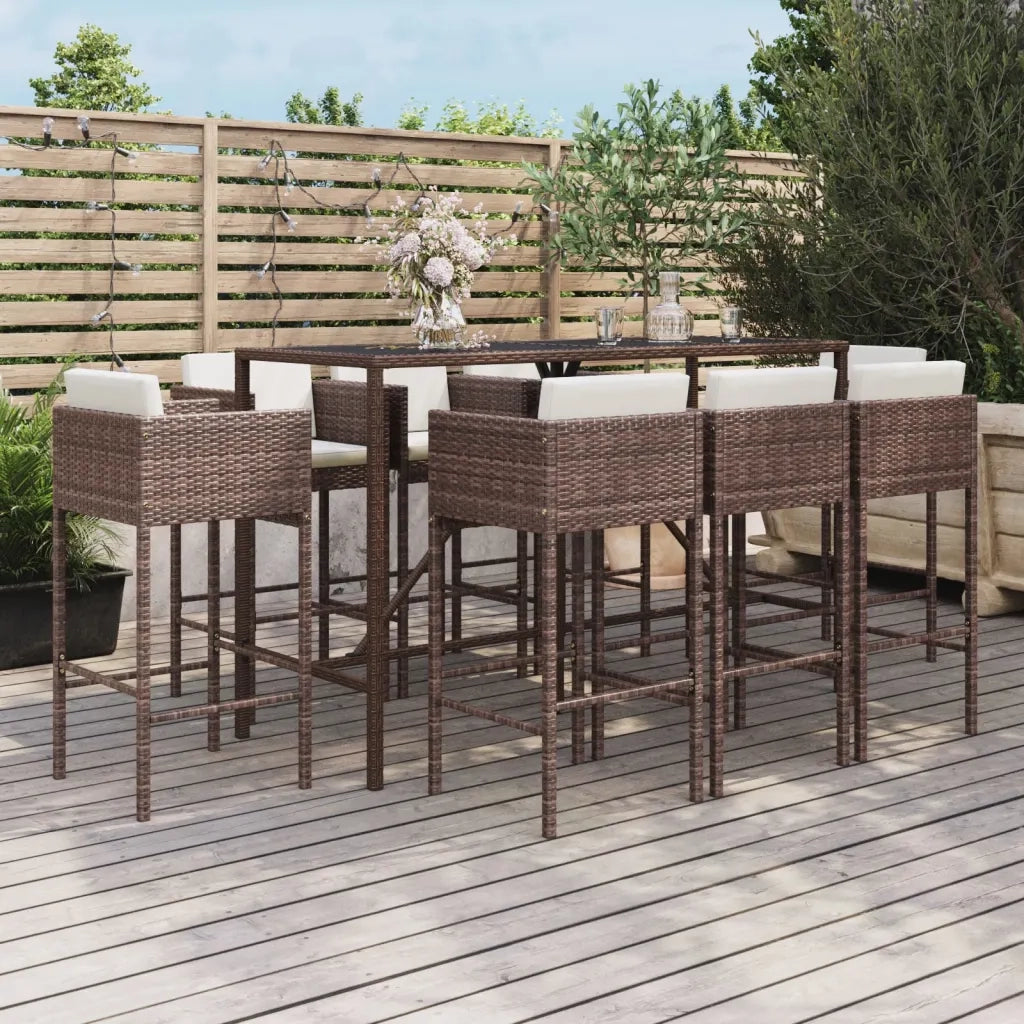 Set Bar da Giardino 9 pz con Cuscini in Polyrattan Marrone 3200650