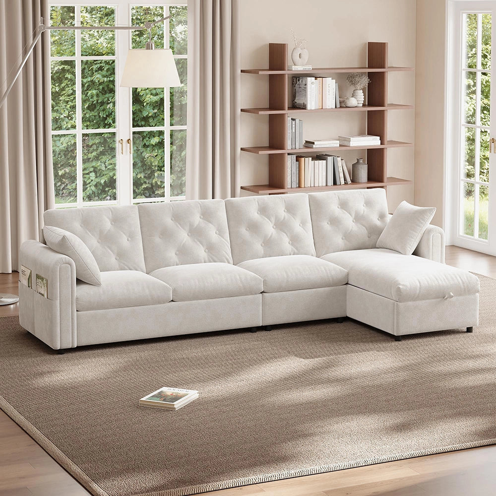 Divano moderno in velluto - Xylo - Angolare con ripostiglio, beige (281cm)