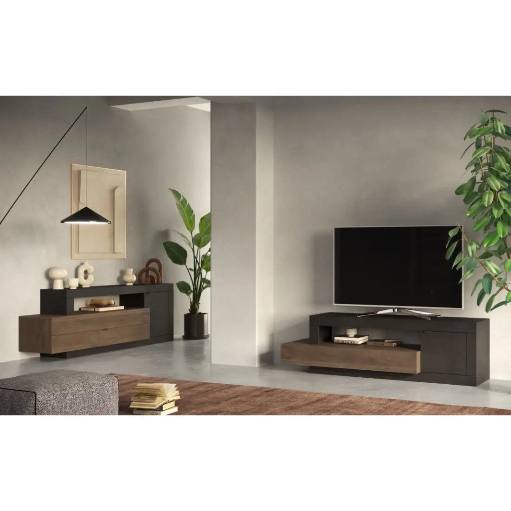 Buffet con 1 porta e 3 cassetti, collezione DOMI, grigio antracite/quercia scura, per soggiorno design