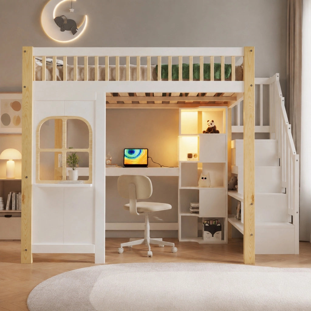 Letto a soppalco 140x200 cm con scrivania e LED bianco/naturale