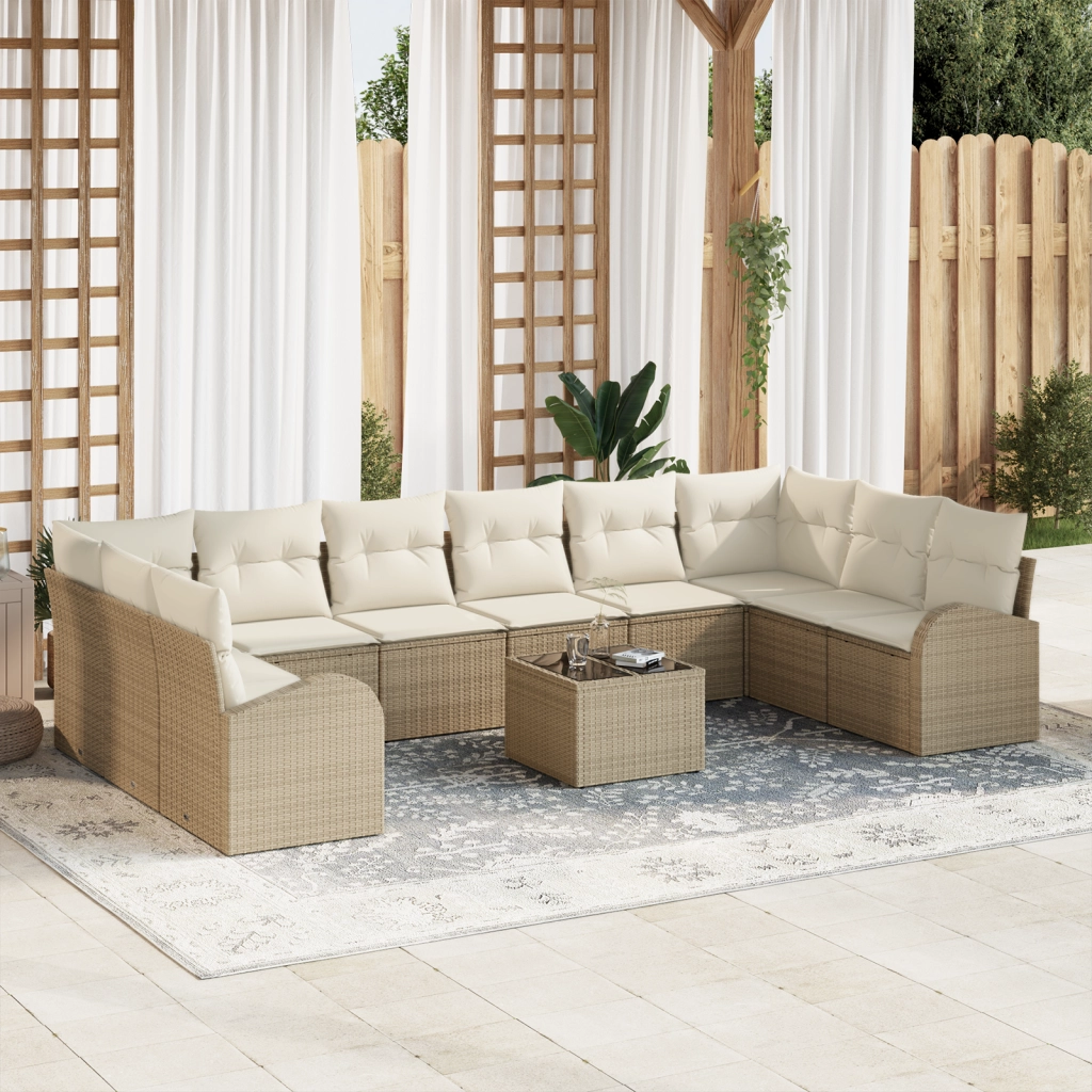 Set divani da giardino  con cuscini in rattan poliestere beige da 11 pezzi