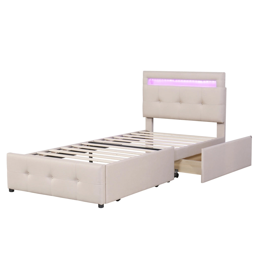 Letto singolo imbottito ULEVR 90x200 cm con LED, 2 cassetti e testiera regolabile, beige