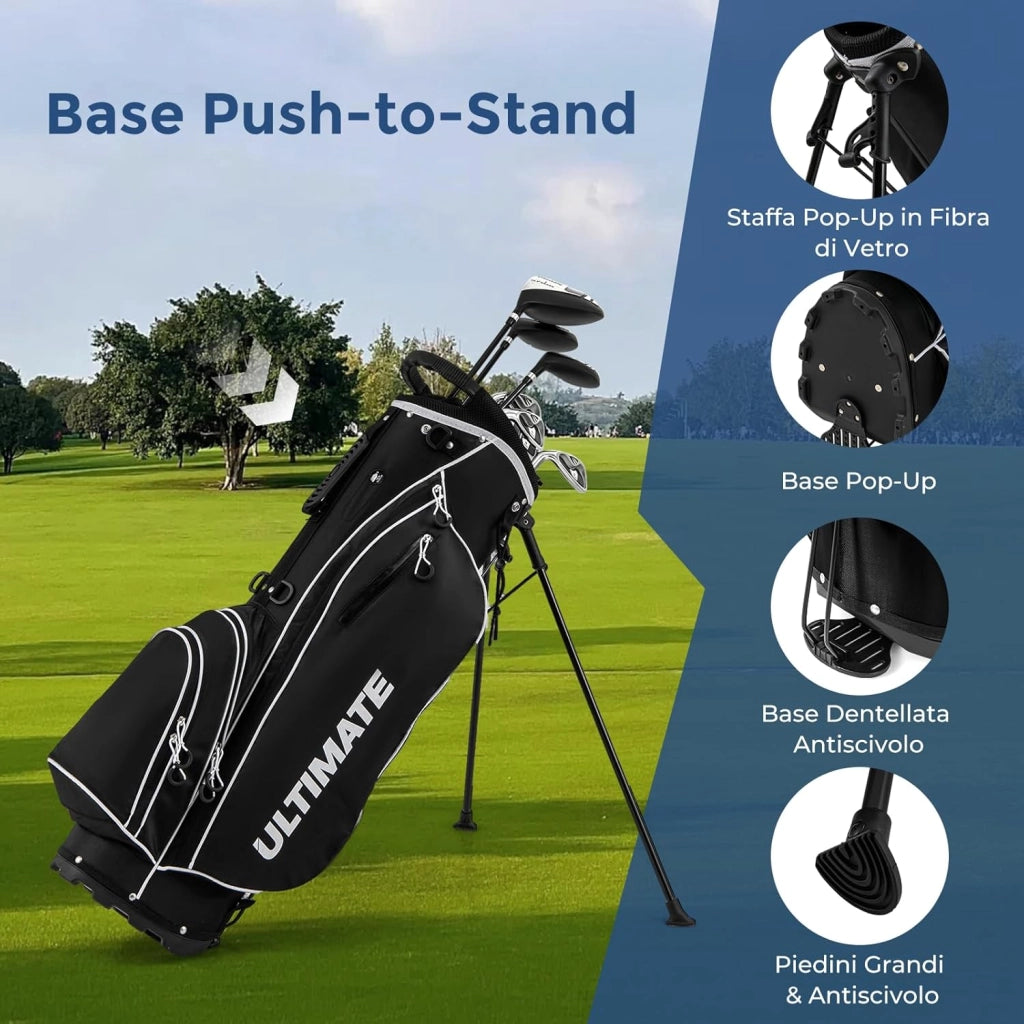 Set Completo di Mazze da Golf per Mancini da Uomo, Borsa Portatile con Supporto e Cappuccio Antipioggia, Include Driver 1 da 460CC, Fairway 3, Ibrido 4, Ferri 6, 7, 8, 9, P e Putter (Nero)