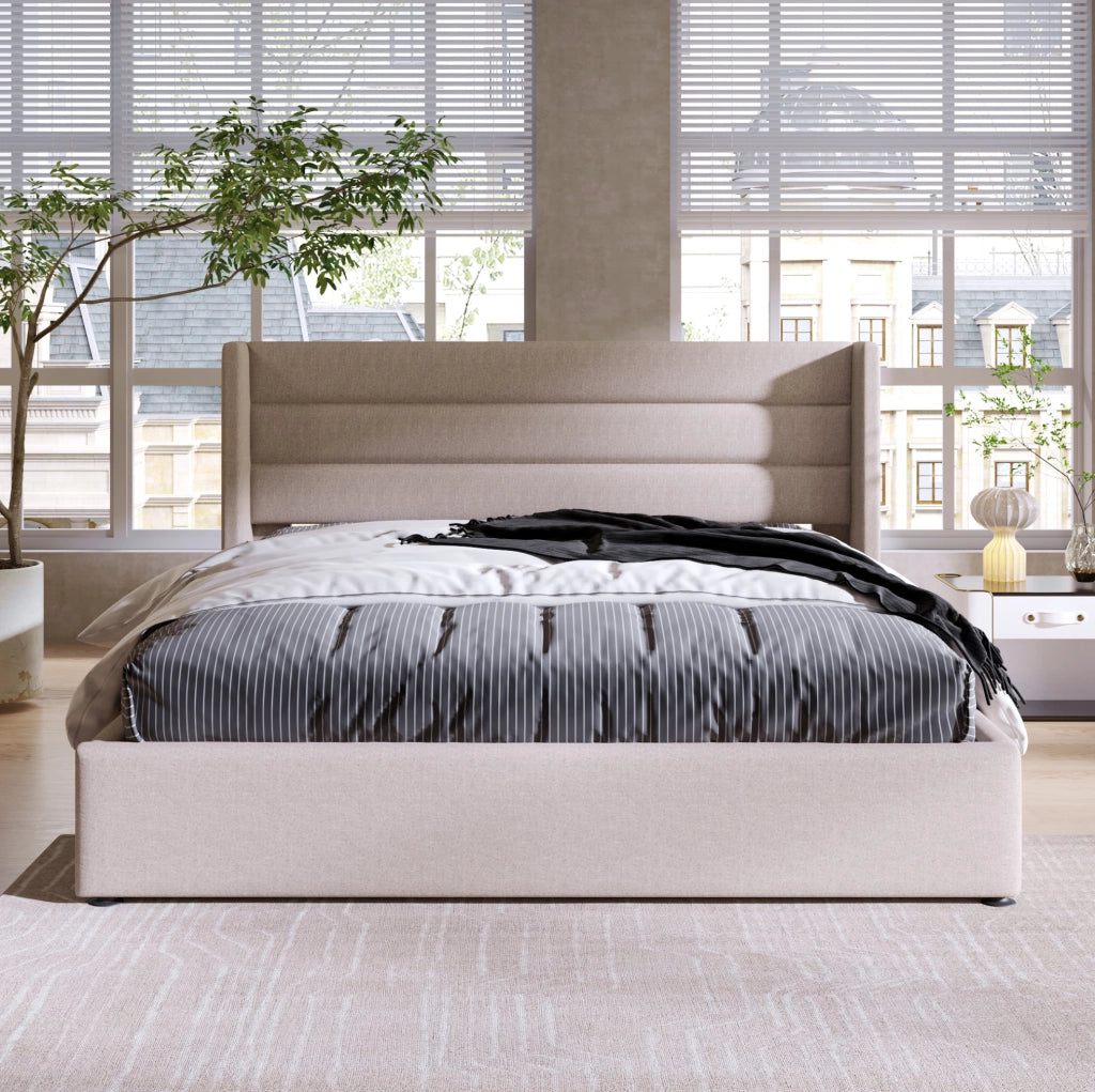 Letto matrimoniale contenitore con rete a doghe sollevabile 180x200 cm in lino beige