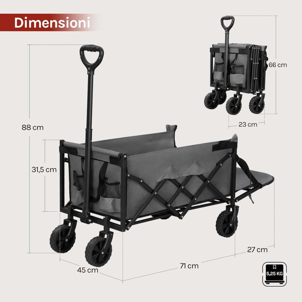 Carrello da Giardino Pieghevole con Ruote, 2 Portabicchieri, Pannello Posteriore Ribaltabile, Manico a Ritorno Automatico, Carrello Portata 150 kg, Telaio in Metallo, per Esterno, Grigio