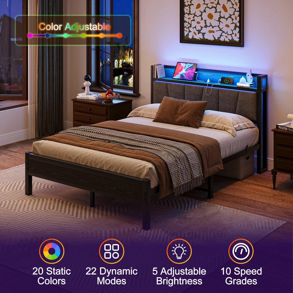 Letto matrimoniale 140 × 190 cm con LED, testiera contenitore e USB, senza materasso, nero