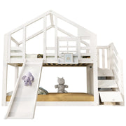 Letto a castello per bambini con scivolo, casetta e cassetti, 90 x 200 cm, bianco