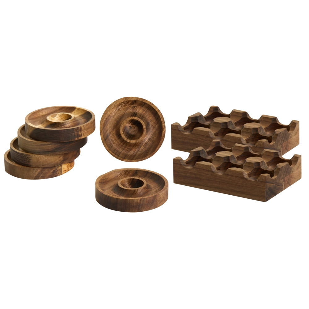 Set di 8 portauova e portacoppette in legno di acacia marrone per servire e conservare le uova, accessori da cucina