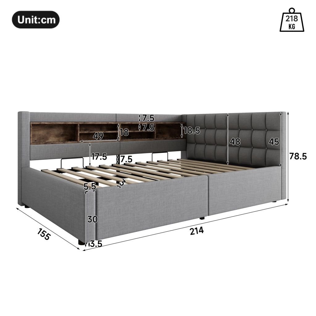 Letto matrimoniale contenitore 140x200 cm con sollevamento idraulico; LED; testiera con ripiano e USB; grigio