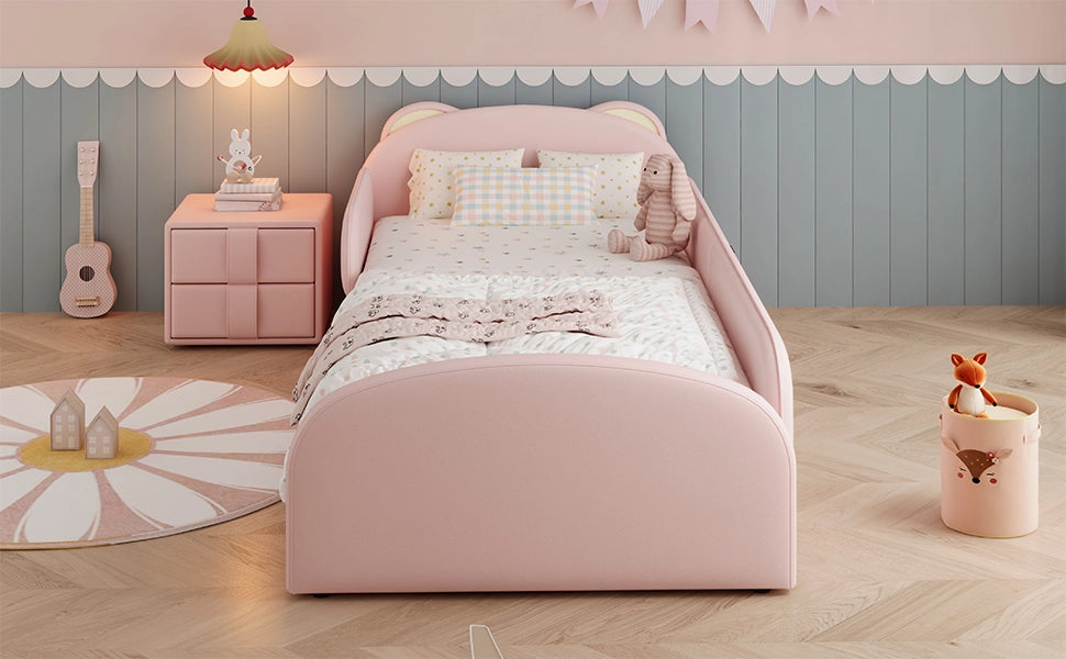 DESMIU Letto bambini 90 × 200 cm con testiera orso, comodino coordinato, senza materasso, in PU, rosa