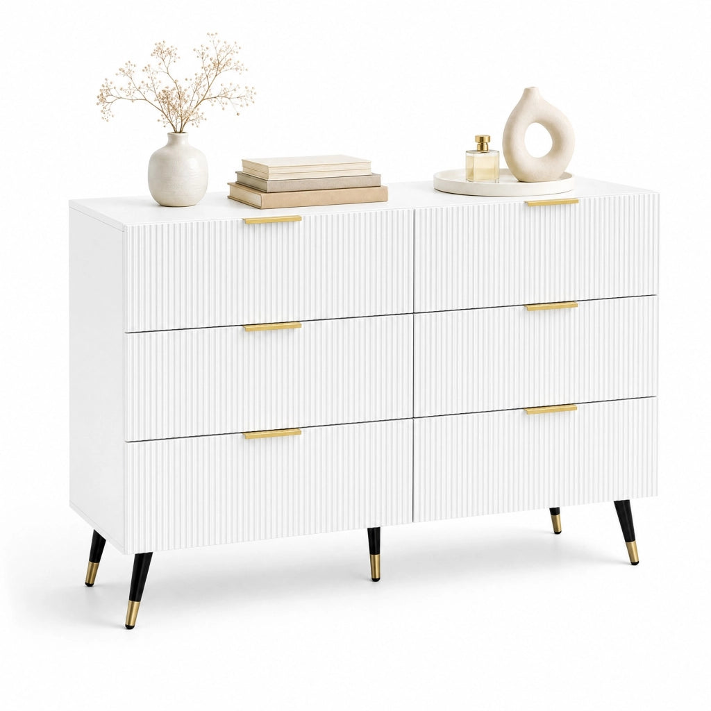 Credenza moderna 120x40x77 cm con 6 cassetti; bianca con dettagli dorati