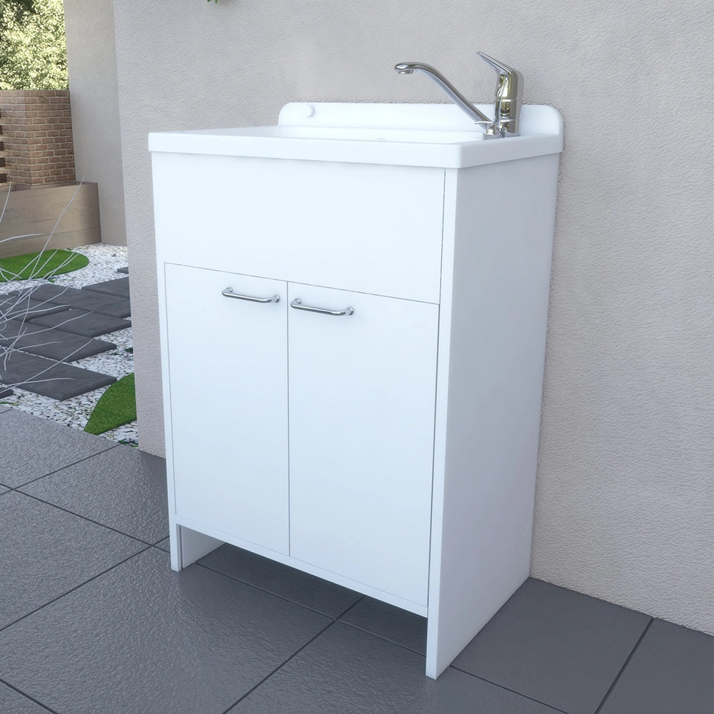 Mobile lavatoio salvaspazio in PVC bianco 58cm con vasca e piletta in acciaio inox