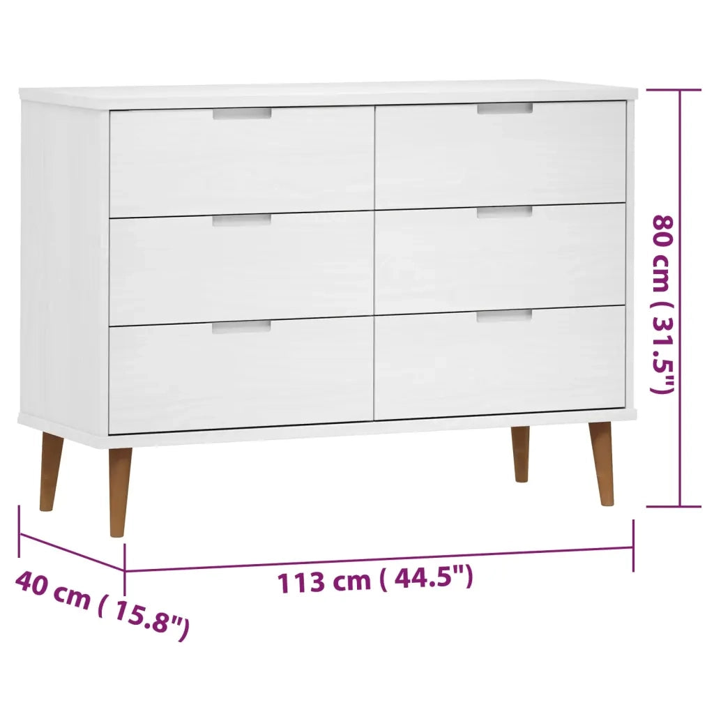 Cassettiera MOLDE Bianca 113x40x80 cm in Legno Massello di Pino 350508