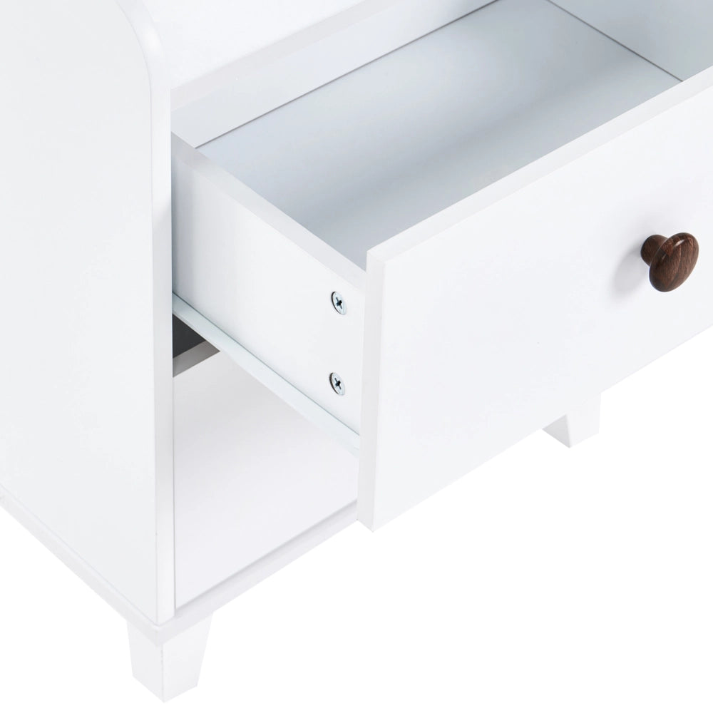 Comodino da Notte per Bambini Stile Scandinavo Tema Animale Bianco in MDF e Gambe in Legno di Pino