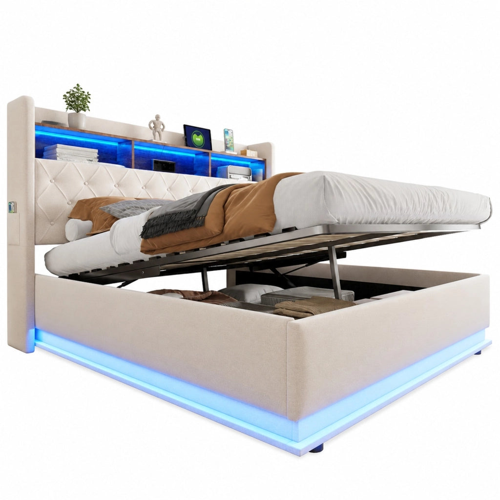 Letto matrimoniale imbottito 180x200 cm con LED; USB e contenitore idraulico; beige