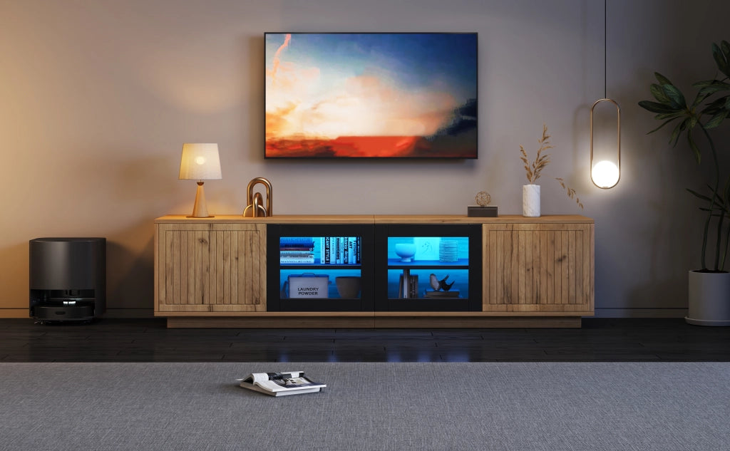 Cassettiera TV colore naturale e nero in truciolare lunga 180 cm