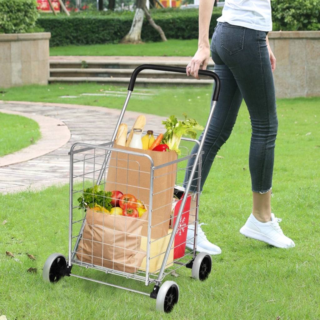 Carrello spesa pieghevole con ruote girevoli a 360° capacità 45 kg-Carrello multiuso portatile Argento