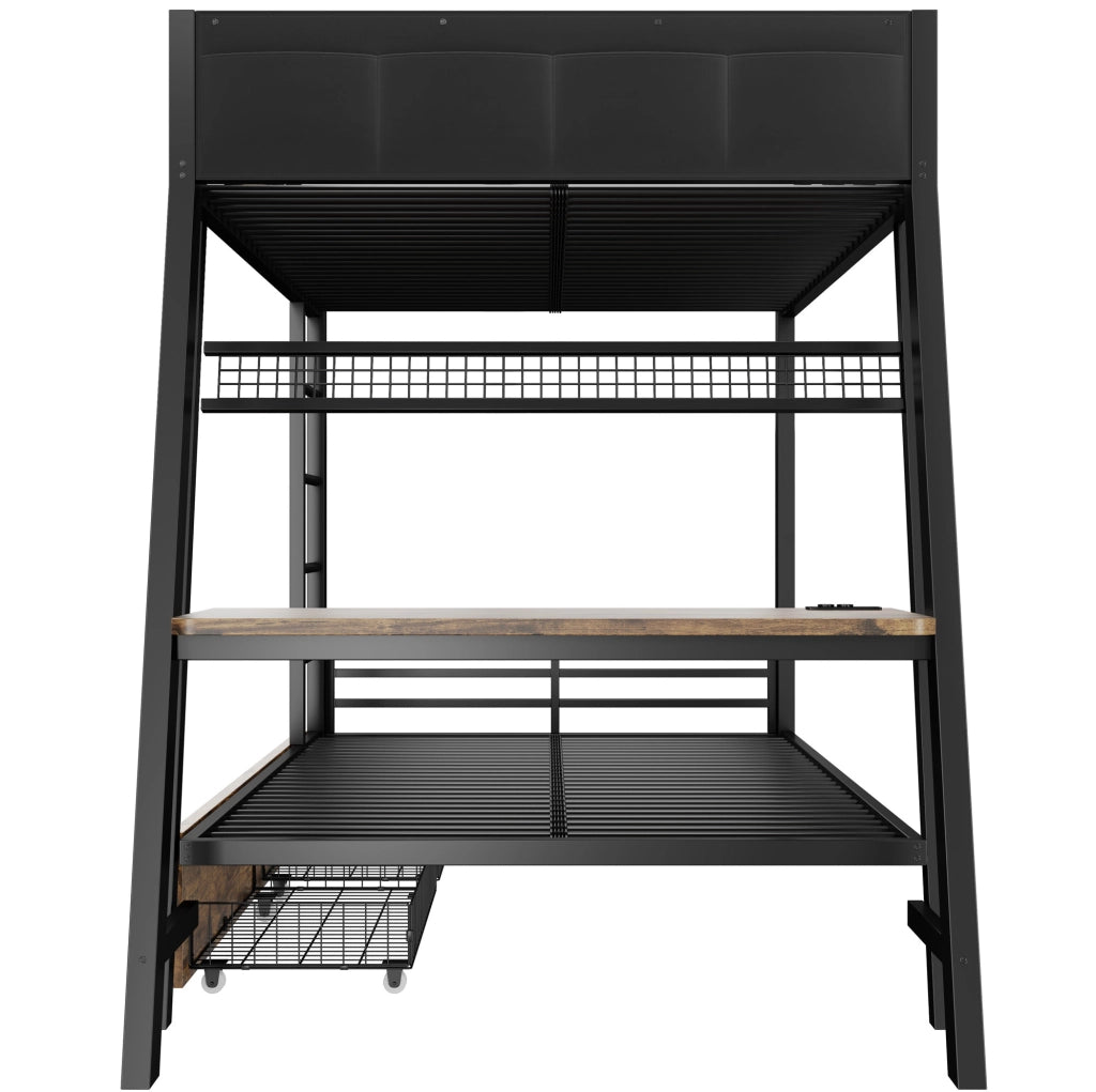 Letto a castello 90x200 cm con scrivania; LED e vani portaoggetti in metallo nero