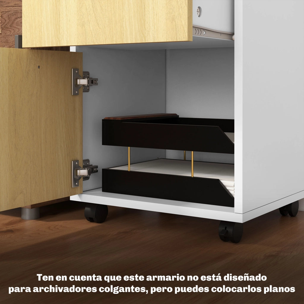Cassettiera con Anta e Ruote per Ufficio ¨C zephmum ¨C Bianco e Naturale 40x35x60 cm