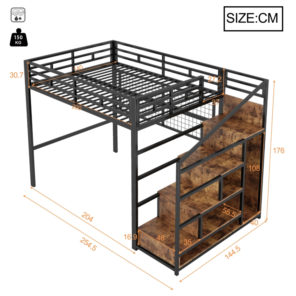 Letto a soppalco 140x200 cm con armadio e LED, nero